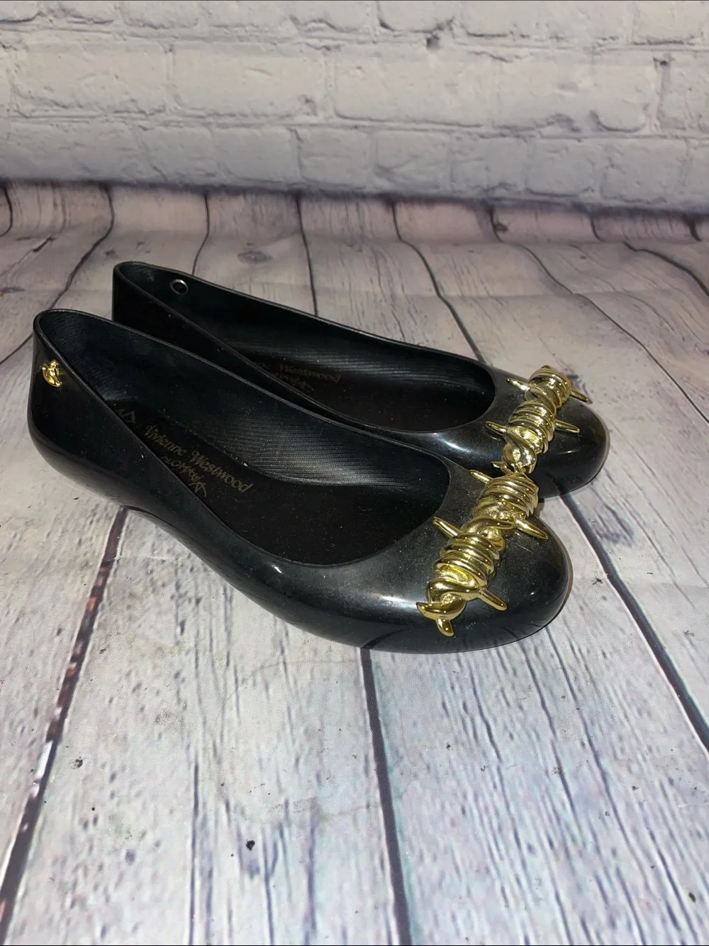 Vivienne Westwood Black Ballet Flats with Gold Barbed Wire Detail